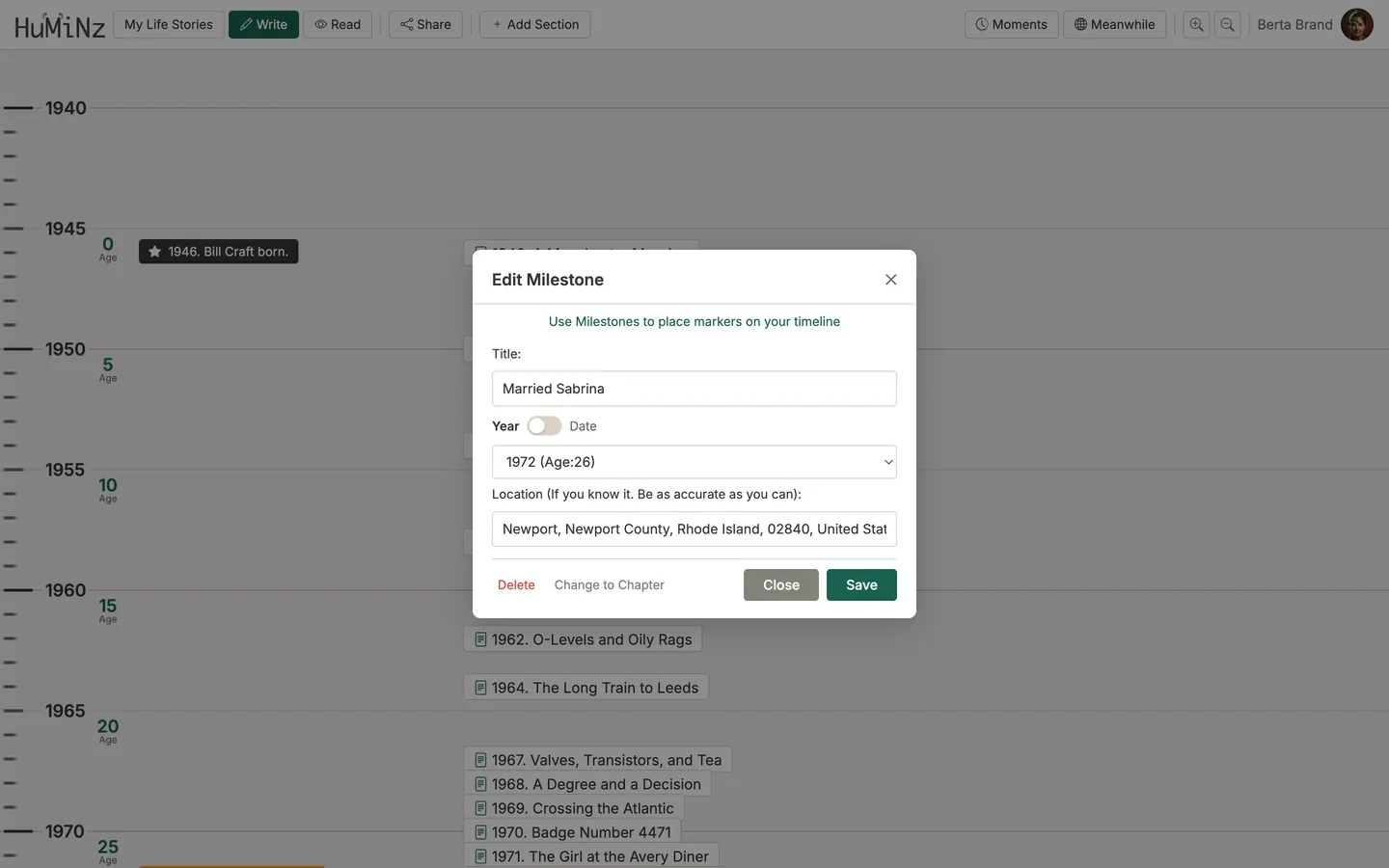 Adding a dated milestone to a Huminz life story timeline