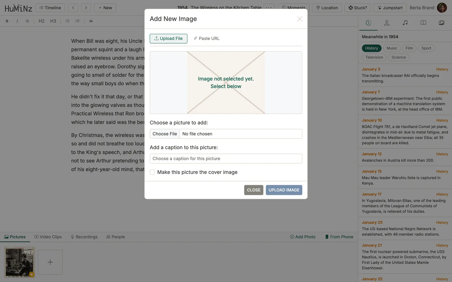 Adding a photograph with a caption to a Huminz story chapter