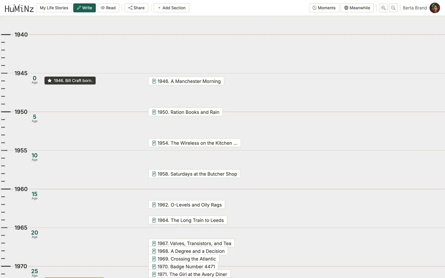 A Huminz life story timeline, with milestones and chapters placed by year