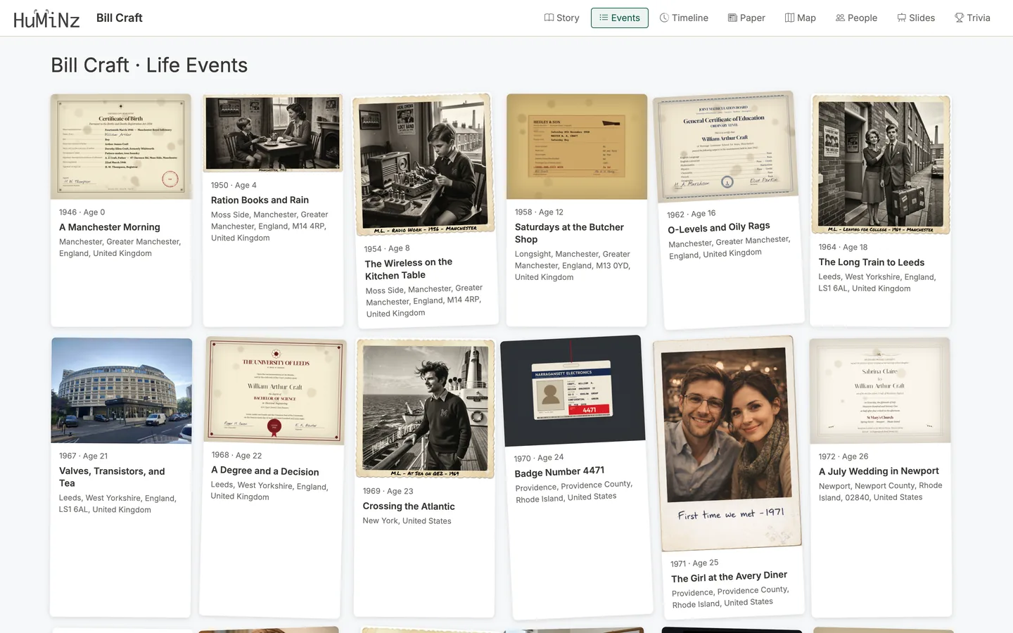 A Huminz life story in Events view, chapters and milestones as cards