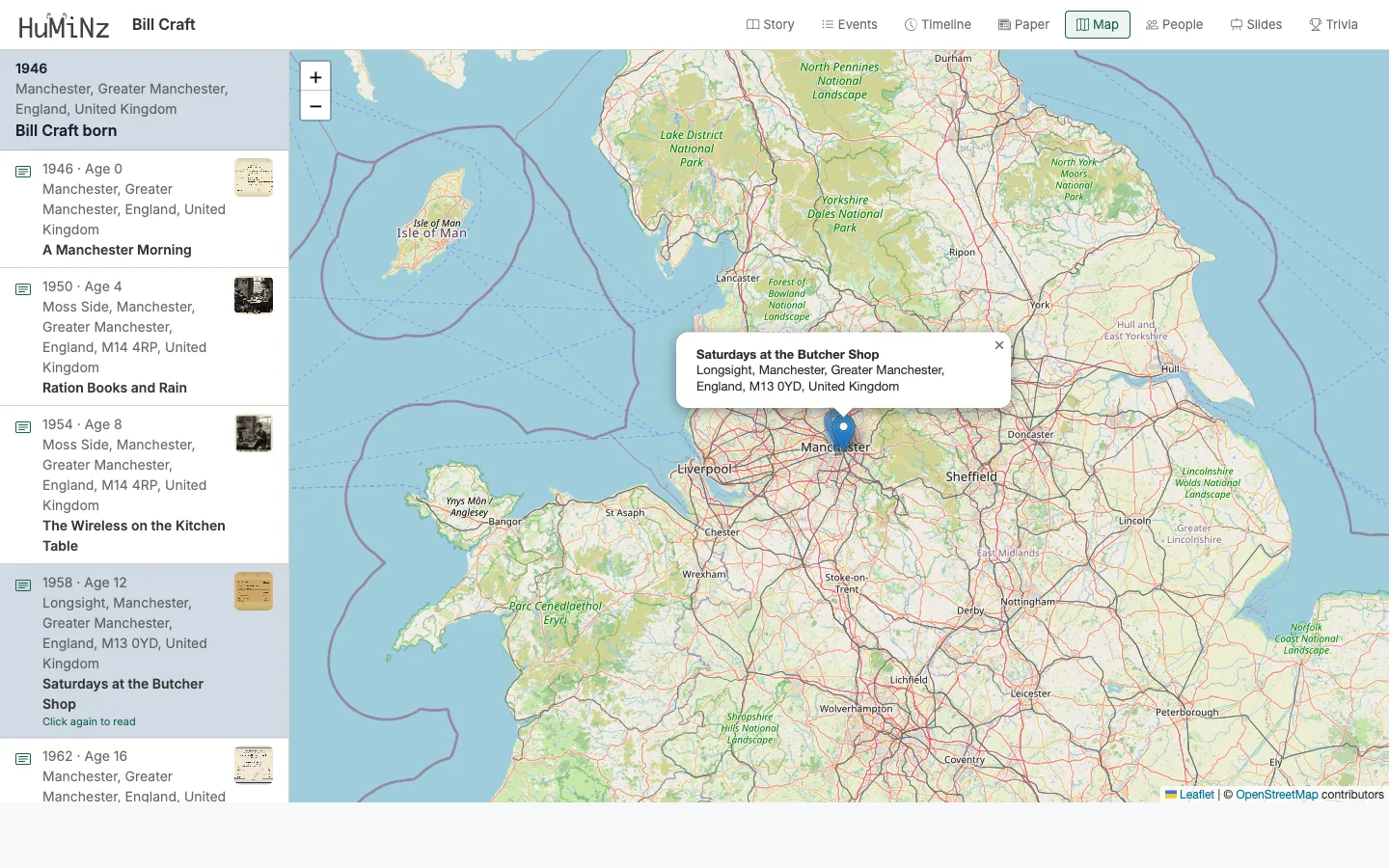 A Huminz life story in Map view, chapters plotted where they happened