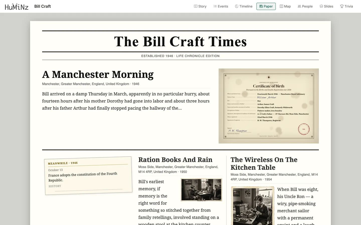 A Huminz life story in Paper view, laid out as a personal newspaper