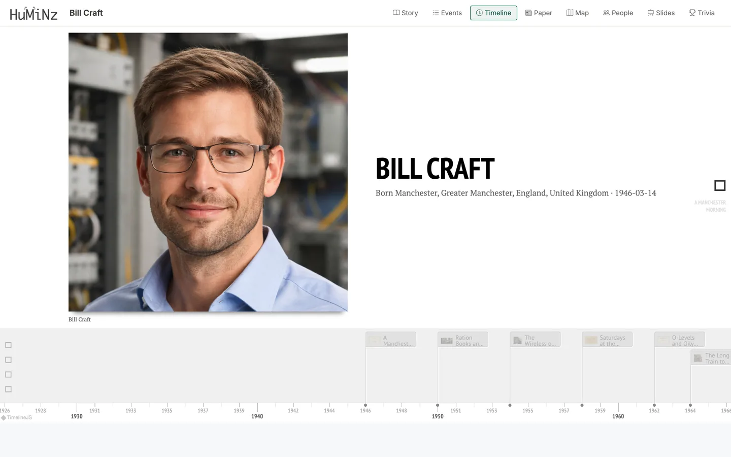 A Huminz life story in Timeline view, a chronological ribbon of chapters