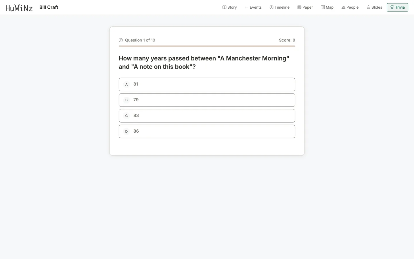 A Huminz life story turned into a quiz about the person it describes