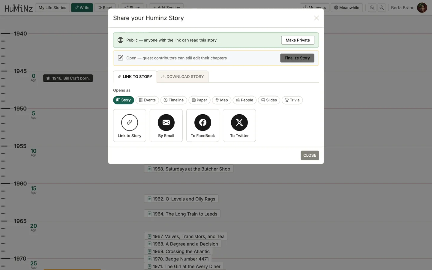 Huminz sharing options for a life story: link, email, Facebook or download