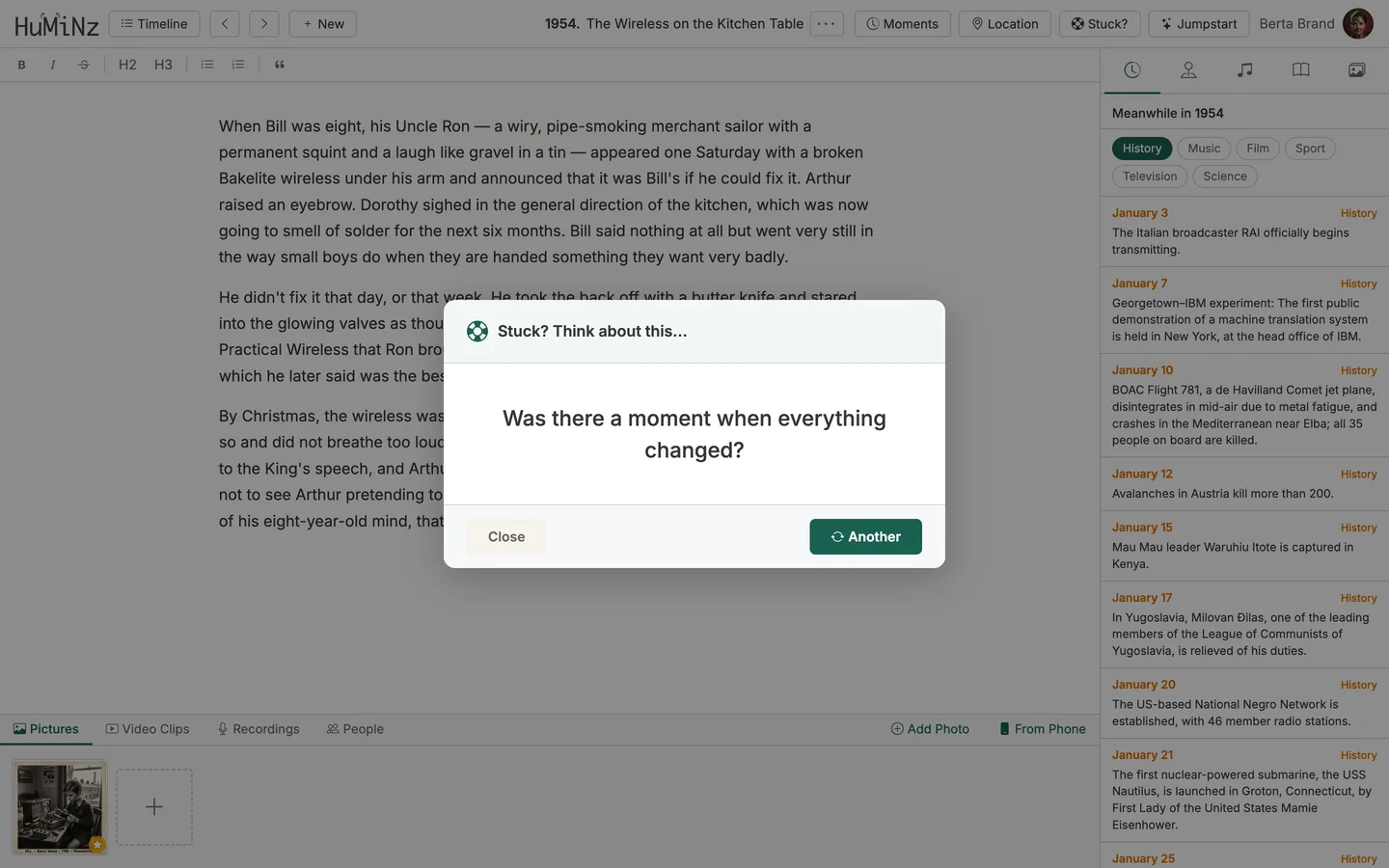 A Huminz writing prompt offering a question to restart a chapter